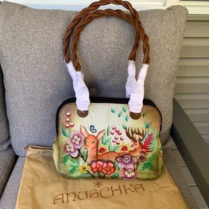 Anuschka “Deer Garden” Leather Shoulder Tote with Braided Handles and Dust Bag